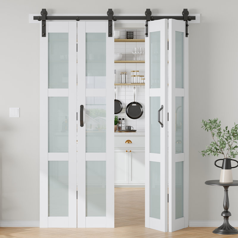 Porte de grange pliante en verre et en bois manufacturé massif avec trousse de quincaillerie d'installation, 48 po x 84 po, 2