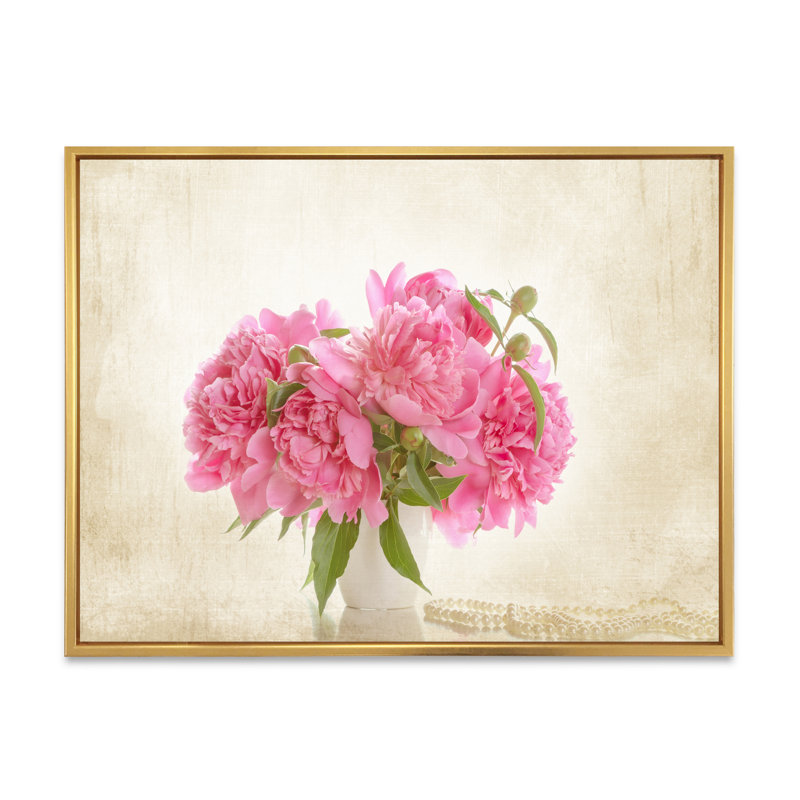 Rose pivoines Bouqet - Art mural sur toile traditionnel, H 44 po x l 34 po x P 1,5 po, Cadre flottant doré