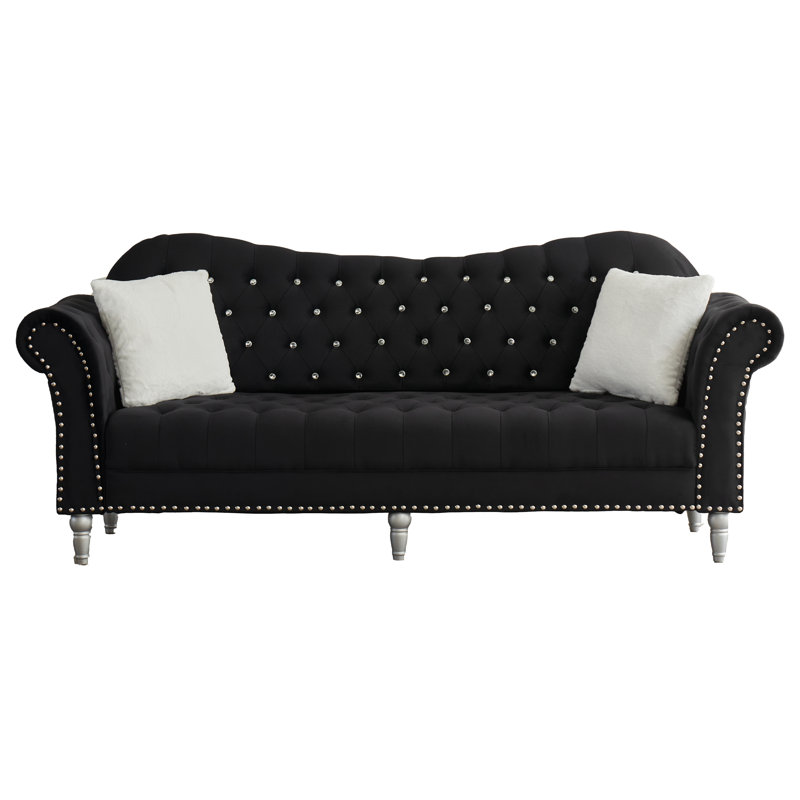 87" Velvet Sofa, Chesterfield Sofa With Rolled Arm And Solid Wood, Black