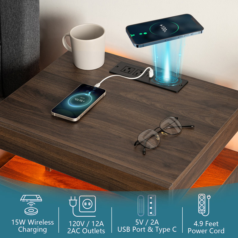 Chappa 2 - Drawer Nightstand with Wireless Charging Station & Smart LED Lights, Walnut