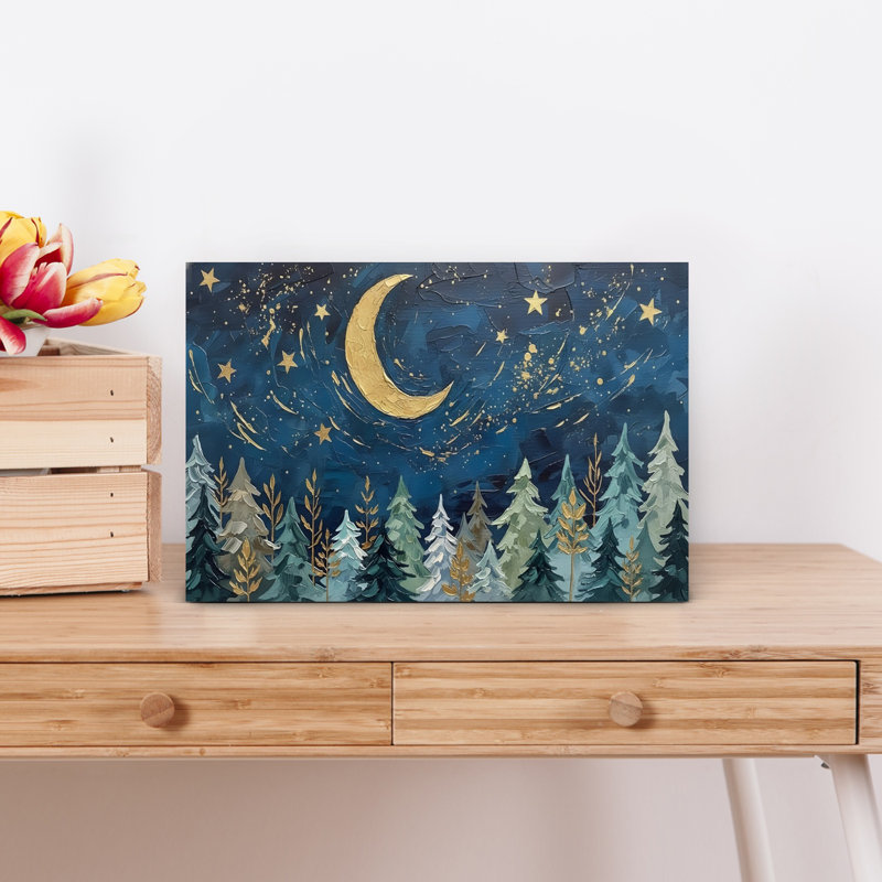 Lune, étoiles, oiseau abstrait, cerise, pivoine, fleur, art mural, H 18 po x l 12 po