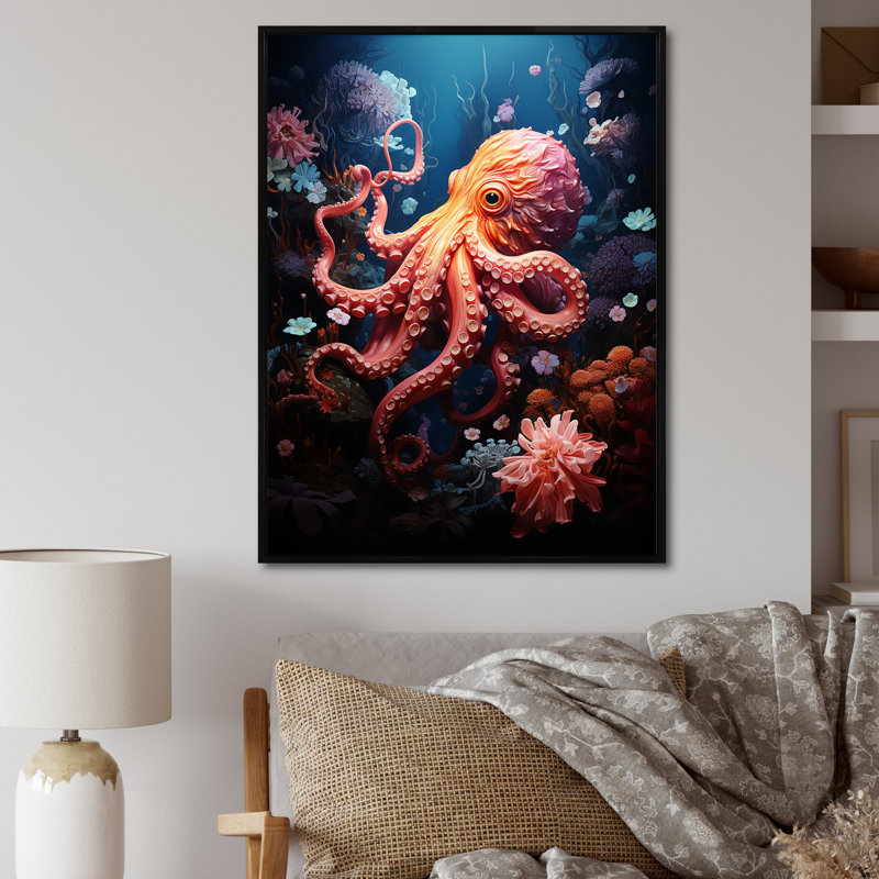 Reproduction d'art sur toile Coral Teal Octopus - animaux, Cadre flottant noir, H 40 po x l 30 po x P 1,5 po