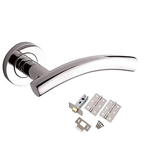 Golden Grace 1 Set Arched T-Bar Lever Door Handle on Round Rose in Polished Chrome Finish with Latch & Hinges