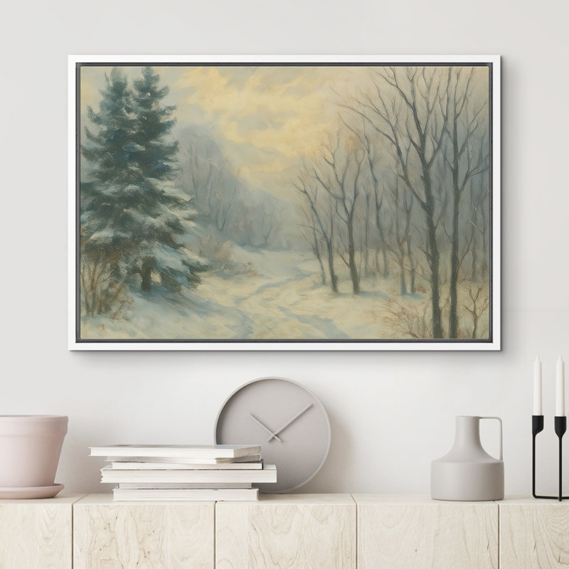 «Misty Winter Woods with Bare Trees and Evergreen», reproduction d'art sur toile encadrée dans la chambre principale, Blanc