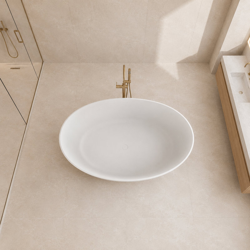 67'' Solid Surface Resin Stone Oval Freestanding Soaking Bathtub in Matte White