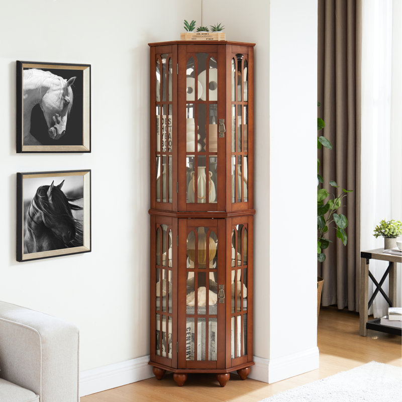 Walnut Corner Curio Cabinet With 4 Adjustable Shelves And On/Off Switch 70"W Tempered Glass Acrylic Back Panel, Walnut