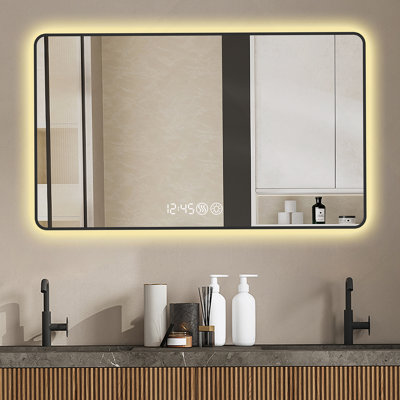 Miroir mural 48 x 32 avec coins arrondis, affichage de la température, lumière tricolore, désembuage et cadre en aluminium de haute qualité