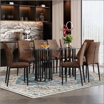 Table de salle à manger ovale en verre trempé de 71 pouces avec 8 chaises confortables en faux suède, style luxueux et léger pour une salle à manger élégante