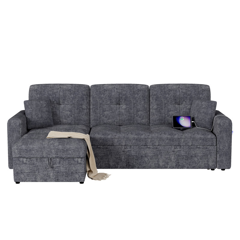 L-shaped Led Sectional Sofa With Adjustable Backrest And Charging Station, Living Room Large Pull Out Sofa Bed Sleeper With Storage Chaise