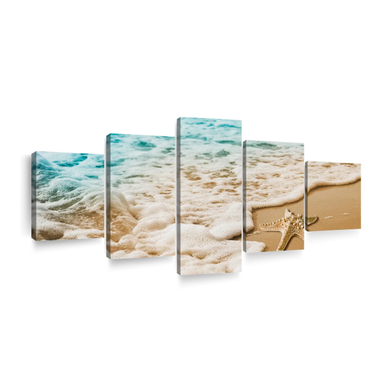 Étoile de mer sur une plage de sable, ensemble de 5 reproductions d'art sur toiles murales, H 30 po x l 68 po x P 1,25 po