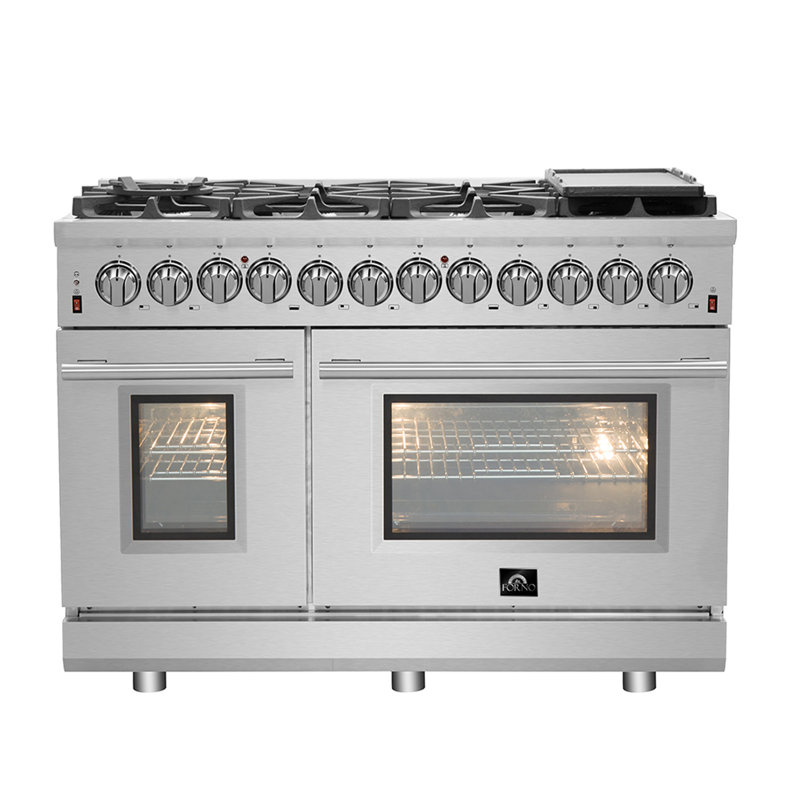 Cuisinière à double combustion 48 pouces Massimo, 8 brûleurs, 6,58 pieds cubes Fours doubles avec friteuse à air et deux grilles