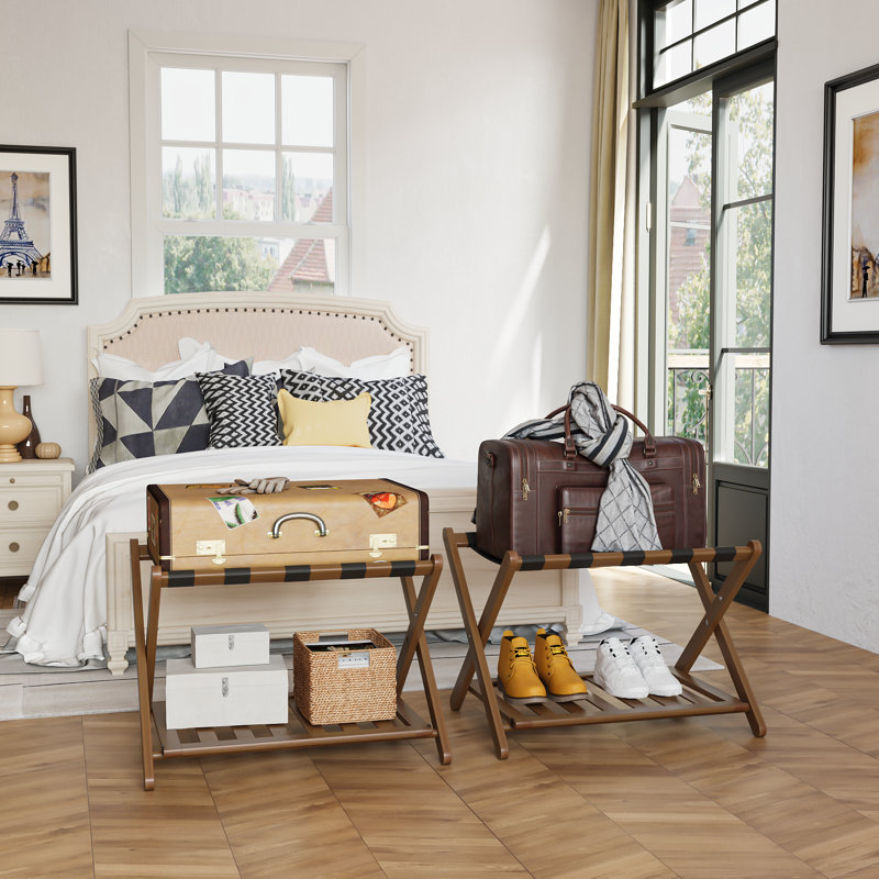 Ensemble de 2 valises pliantes pour valises, porte-bagages en bois avec tablette de rangement pour chambre d'amis et chambre à coucher, noyer
