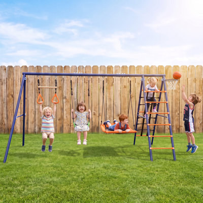 Alin 6-in-1 Heavy Duty Swing Set for Backyard, 600 lb Capacity Outdoor Playset with Platform Swing, Belt Swing, Trapeze Bar, Climbing Net, Ladder & Basketball Hoop