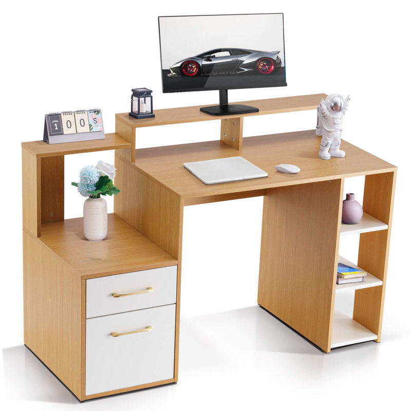 Modern Computer Desk with Storage Drawers and Shelf, Natural/White