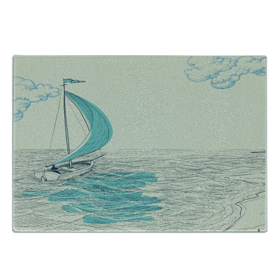Ambesonne Black White Tempered Glass Cutting Board Cloudy Sailing Boat Aqua Beige