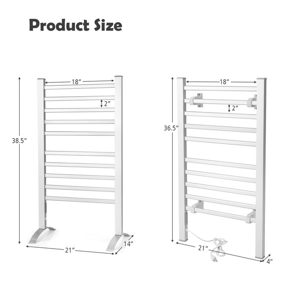 Costway 10 Bar Towel Warmer Wall Mounted Electric Heated Towel