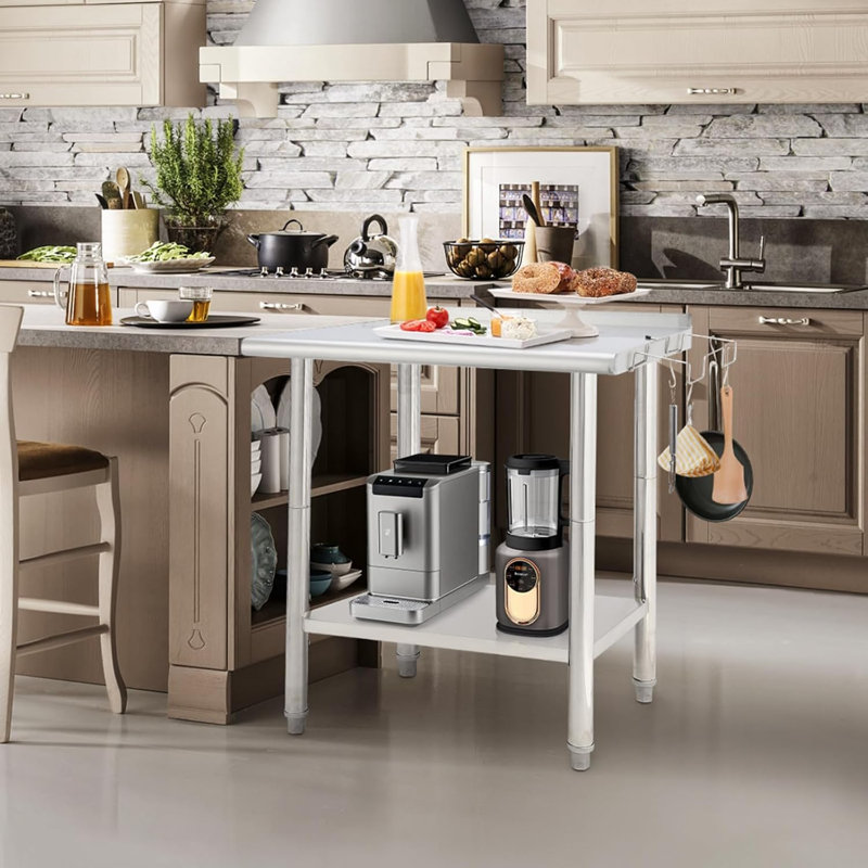 Table de préparation en acier inoxydable de 30 po x 24 po avec roulettes verrouillables, tablette réglable, dosseret et crochets à outils pour la cuisine, le restaurant, le garage et l'entrepôt, Arc Edge