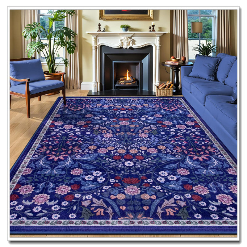 8X10 Boho Floral Area Rug For Living Room, Vintage Soft Washable Non-Slip Carpet, Indoor Floor Stain Resistant Rug For Bedroom Dining Room Farmhouse Nursery Home Office, Blue