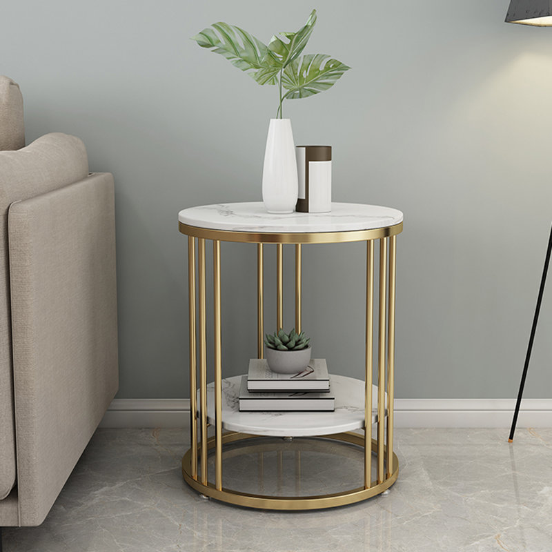 White Stone Side End Table 2-Tier Round Bedside Table With Storage Shelf