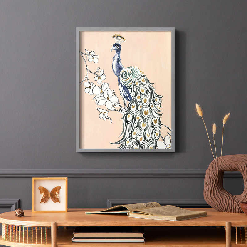 «Peacock in Gold IV», reproduction encadrée - bois massif, H 10 po x l 8 po, Gris