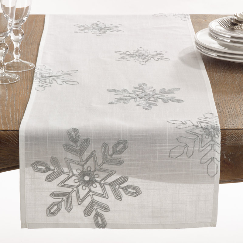 Embroidered Snowflake Holiday Table Runner, Gray, 90" L x 16" D