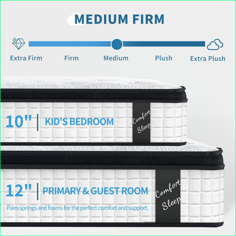 Mattresses 12 Inch Twin Hybrid Memory Foam &amp; Pocket Spring Mattress, Knitted Cover CertiPUR-US Snow White | Twin | Foam+Spring