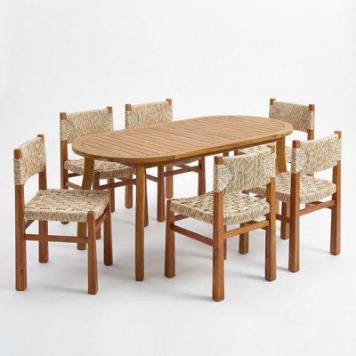 Ensemble repas 7 pièces en bois d'acacia avec osier tissé à la main Capri