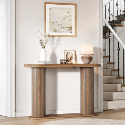 42.5in Console Table, Mid-Century Modern 2-Tier Entryway Table, Fluted Sofa Table with Storage Shelf for Living Room, Entrance, Hallway, Foyer, Easy Assembly