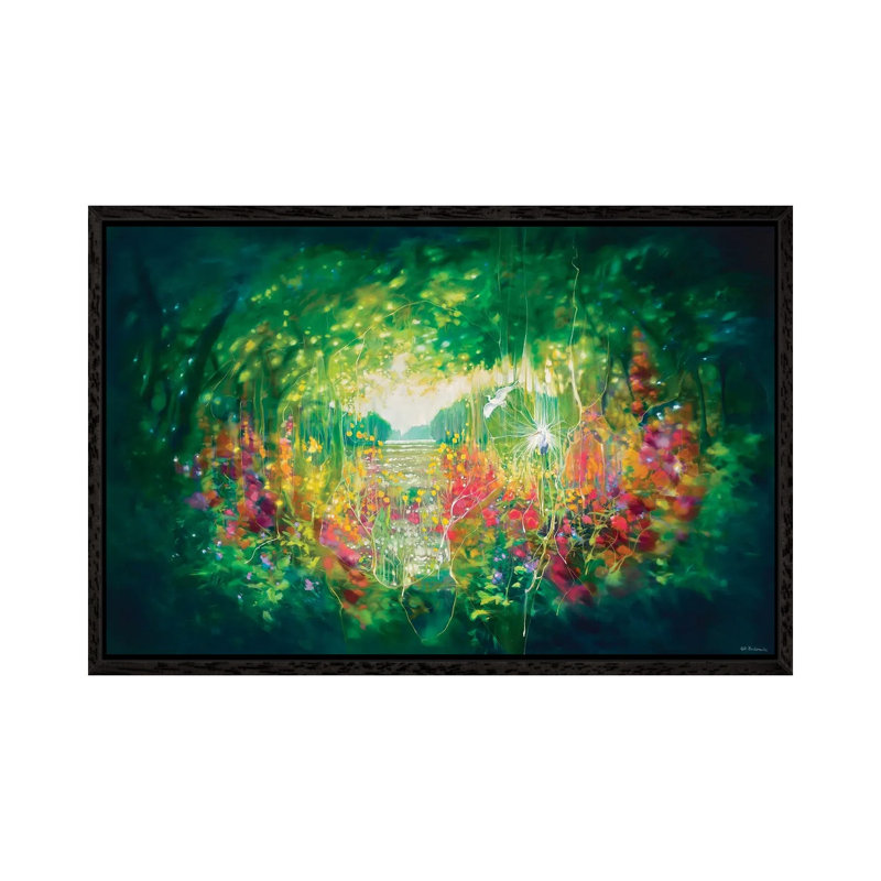 Song Of August, A Green Secret Garden With Lakes, Trees And White Egrets by Gill Bustamante - Painting on Canvas
