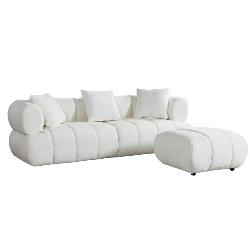 86.61'' W Upholstered Sofa with Ottoman, White Cotton