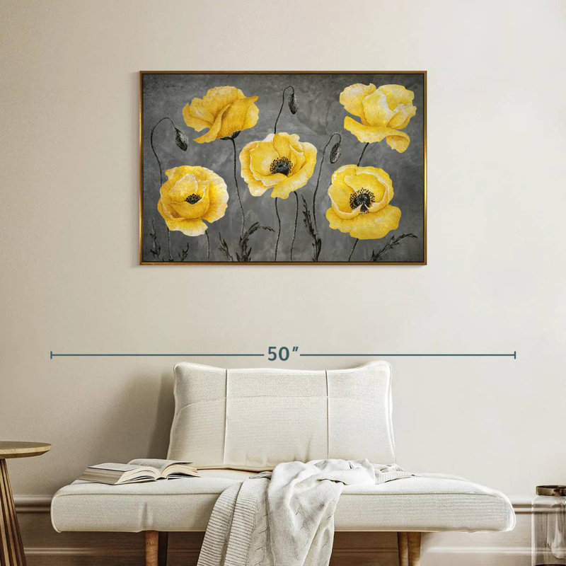 Coquelicots jaunes, Cadre flottant doré, 37 po x 25 po