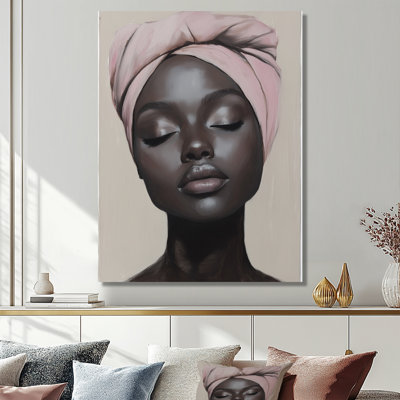 Portrait d'une femme afro-américaine au turban rose pâle - Décoration murale, impression sur métal
