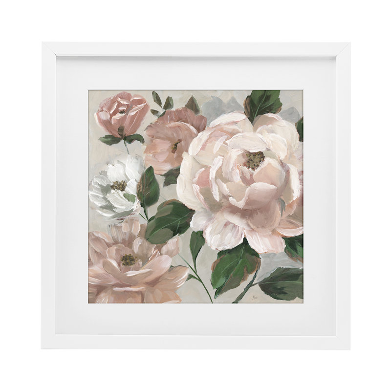 Pivoine délicate avec pivoines et feuilles encadrées sous verre, design par Nan, H 13 po x l 13 po
