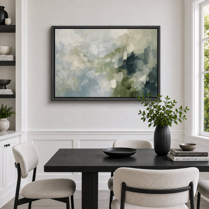 Composition abstraite vert bleu, art moderne, impression sur toile encadrée, H 24 po x l 36 po x P 1,5 po, Cadre noir