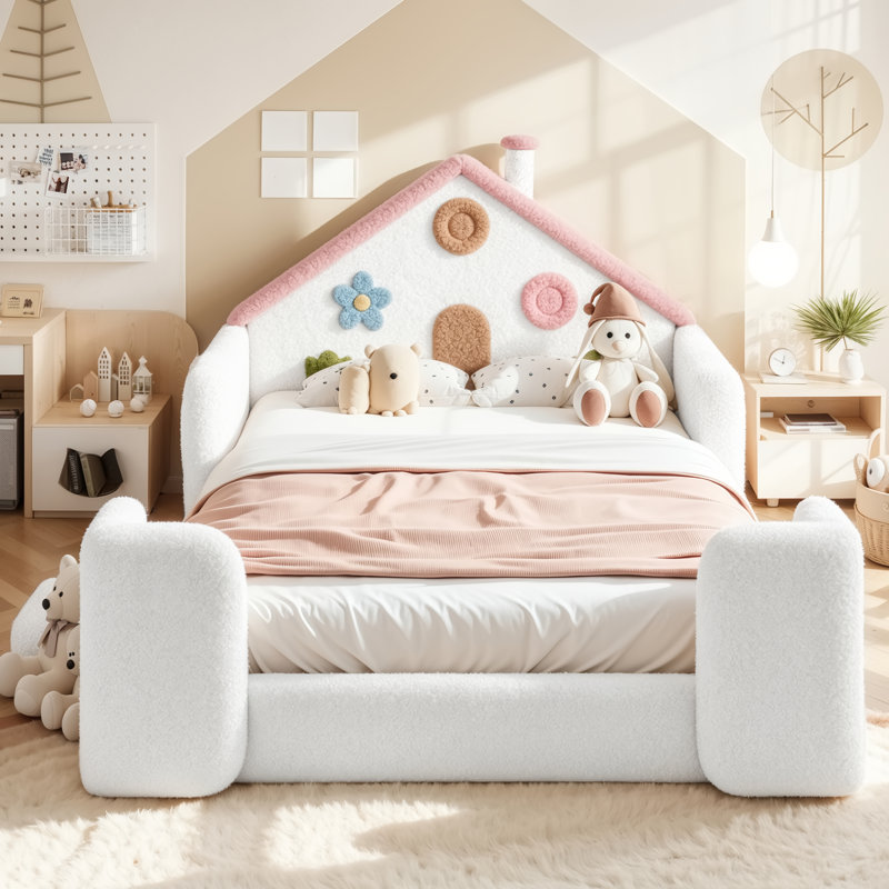 Lit tapissier en bois avec rails latéraux, tête de lit et lattes, Rose blanc