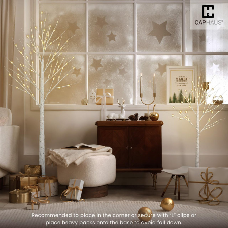 CAPHAUS Full White Pre-lit Birch Tree w/ LED Lights, Light Up Tree, Full Artificial White Twig Tree w/ Warm White Lights for Festival Decoration Indoor, Multiple Sizes