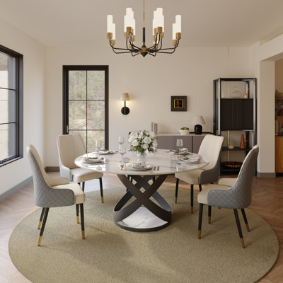 Maxwell Modern Round Dining Table for 4-8 with Sintered Stone Tabletop, X Carbon Steel Base Pre-Assembly