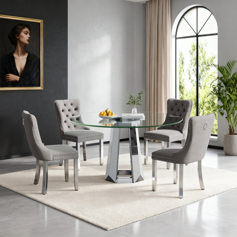 Round Dining Table Set, 47.24" Glass Dining Table with Velvet Dining Chairs, Clear Circle Kitchen Table Set, Dining Room Table and Chairs Set