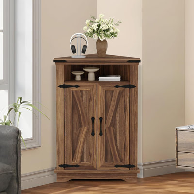 Corner Bathroom Cabinet, Farmhouse Small Corner Cabinet with Barn Door & Adjustable Shelf, Storage Cabinets for Bathroom, Kitchen, Living Room, Rustic Brown