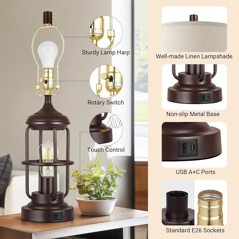 Set of 2 Table Lamps with USB and Touch Dimming