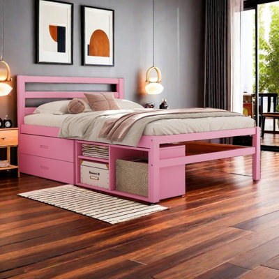 Full Size Wood Platform Bed With Removable Storage Shelves BuiltIn Two Storage Drawers For Added Convenience