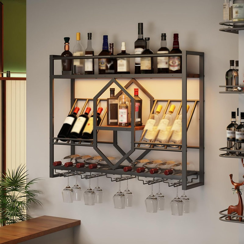 Étagère à vin murale avec éclairage DEL, présentoir à bouteilles à plusieurs niveaux avec porte-verres, organisateur de rangement suspendu pour la cuisine, la salle à manger et le bar.