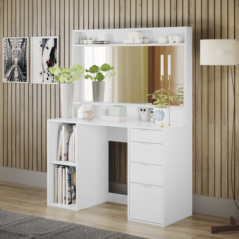 Lala Elegant 4-Drawer and 2-Niche Makeup Vanity Desk with Ample Storage and Mirror