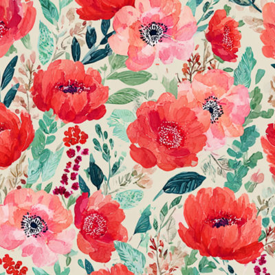 Peel and Stick Wallpaper Seamless Watercolor Floral Red Pink Flowers Beige Contact Paper Removable Self Adhesive Wall Mural Wall Decor for Bedroom Kitchen Cabinets 17.7in x 118in