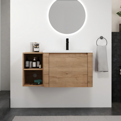 40'' Wall-Mounted Bathroom Vanity With White Ceramic Sink, Soft-Close Door, And Storage Shelves