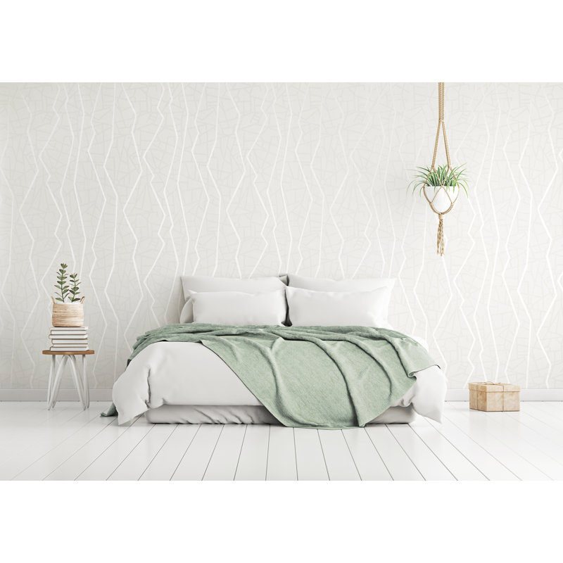Slow Living Metallic Geometric Lines Wallpaper Roll , Ivory White