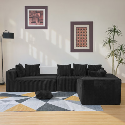 130-Inch 4 Reversible Modular U-Shaped In Black Striped Corduroy, Customizable For Primary Living Space, Zero Assembly, Square Arm Design Feature Style