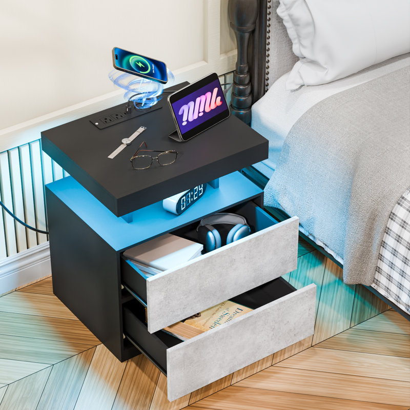 Modern Nightstand With Wireless Charging Station And LED Light ( Set Of 2 ), Gray/Black