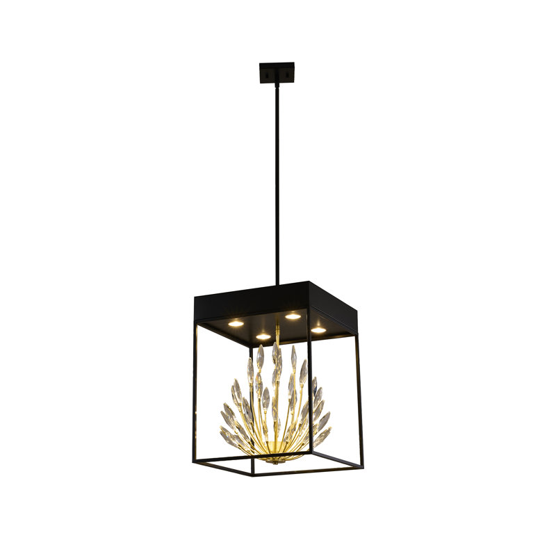 Luminaire suspendu 4 lumières noir mat avec branches dorées et cristaux transparents