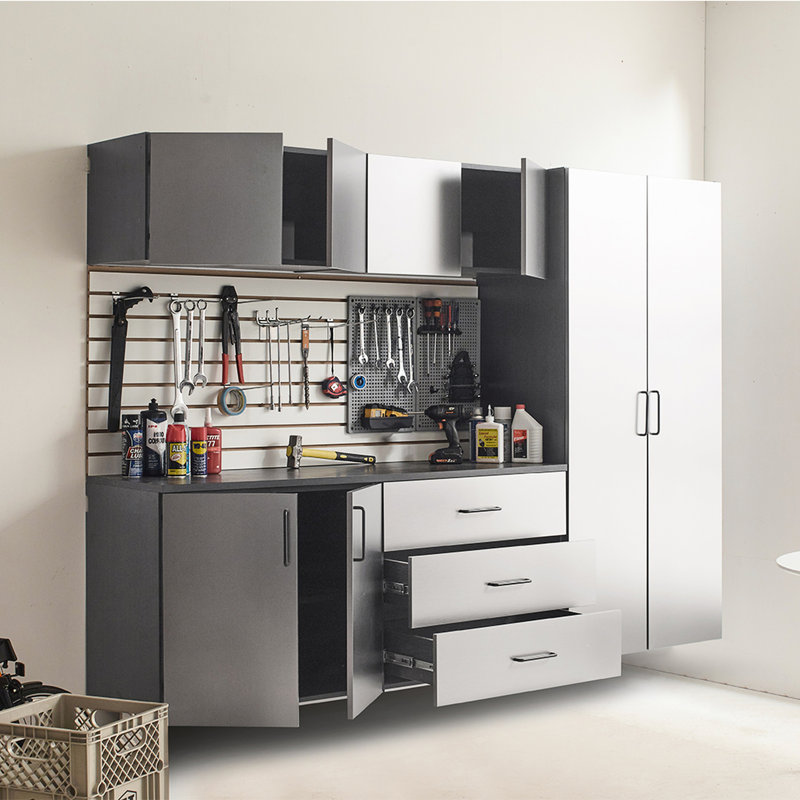 Series 96 In. W X 79 H 20 D 6 Garage Cabinet B, With Metallic Gray Finish, Drawers And Doors That Feature Water Heat Resistance, 2x Thicker Edge Banding, Shelf Provision, Heavy-duty Double Bracket